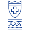 Icoon van een schild met een medisch kruis boven een huidlaag, wat huidbescherming symboliseert.