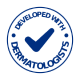 Icoon: een blauw, rond stempel met een vinkje in het midden en de tekst 'Ontwikkeld met dermatologen'.