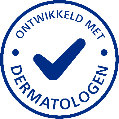 Icoon: een blauw, rond stempel met een vinkje in het midden en de tekst 'Ontwikkeld met dermatologen'.